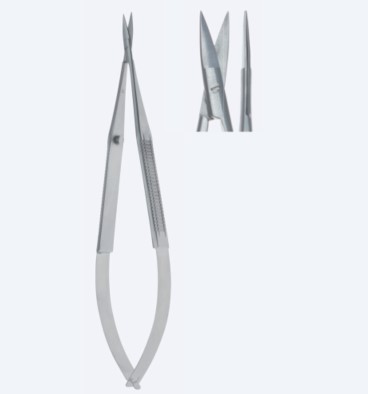 Ножиці, хірургічні, мікро, плоска ручка з поперечною насічкою, прямі, гострокінцеві, загальна довжина 160 мм, 6 1/4"